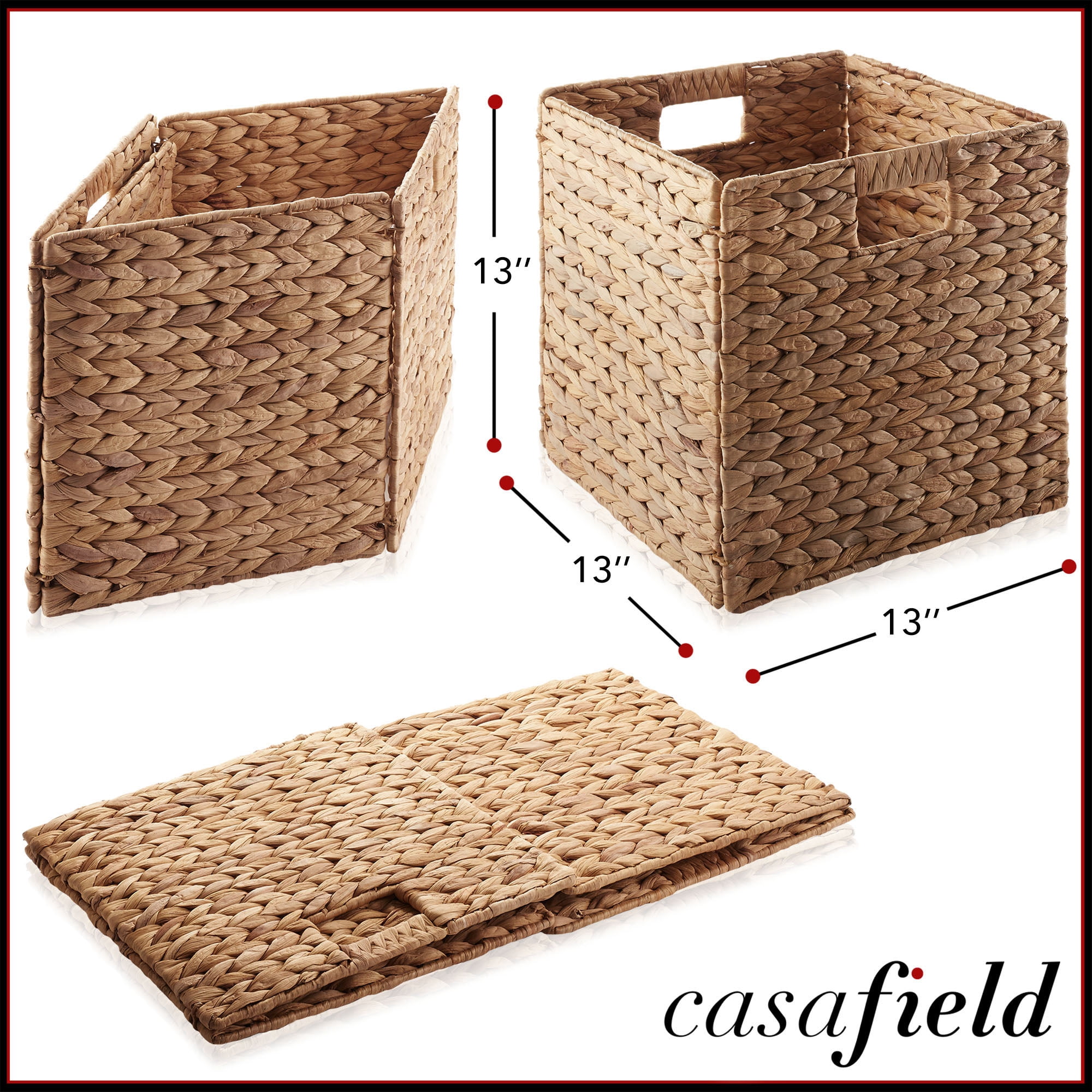 Casafield 13" x 13" Water Hyacinth Storage Baskets, Cinnamon - Set of 6 Collapsible Cubes, Handwoven Organizer BIns for Bathroom, Bedroom, Laundry