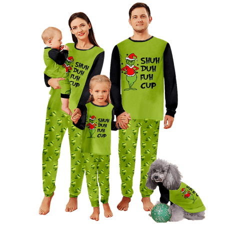 

FUNIER Family Christmas Pajamas Sets Merry Christmas Claus Cartoon Green Printed Sizes Baby-Kids-Adult-Pet 2-Piece Top and Pants Bodysuits Unisex Pajamas Set