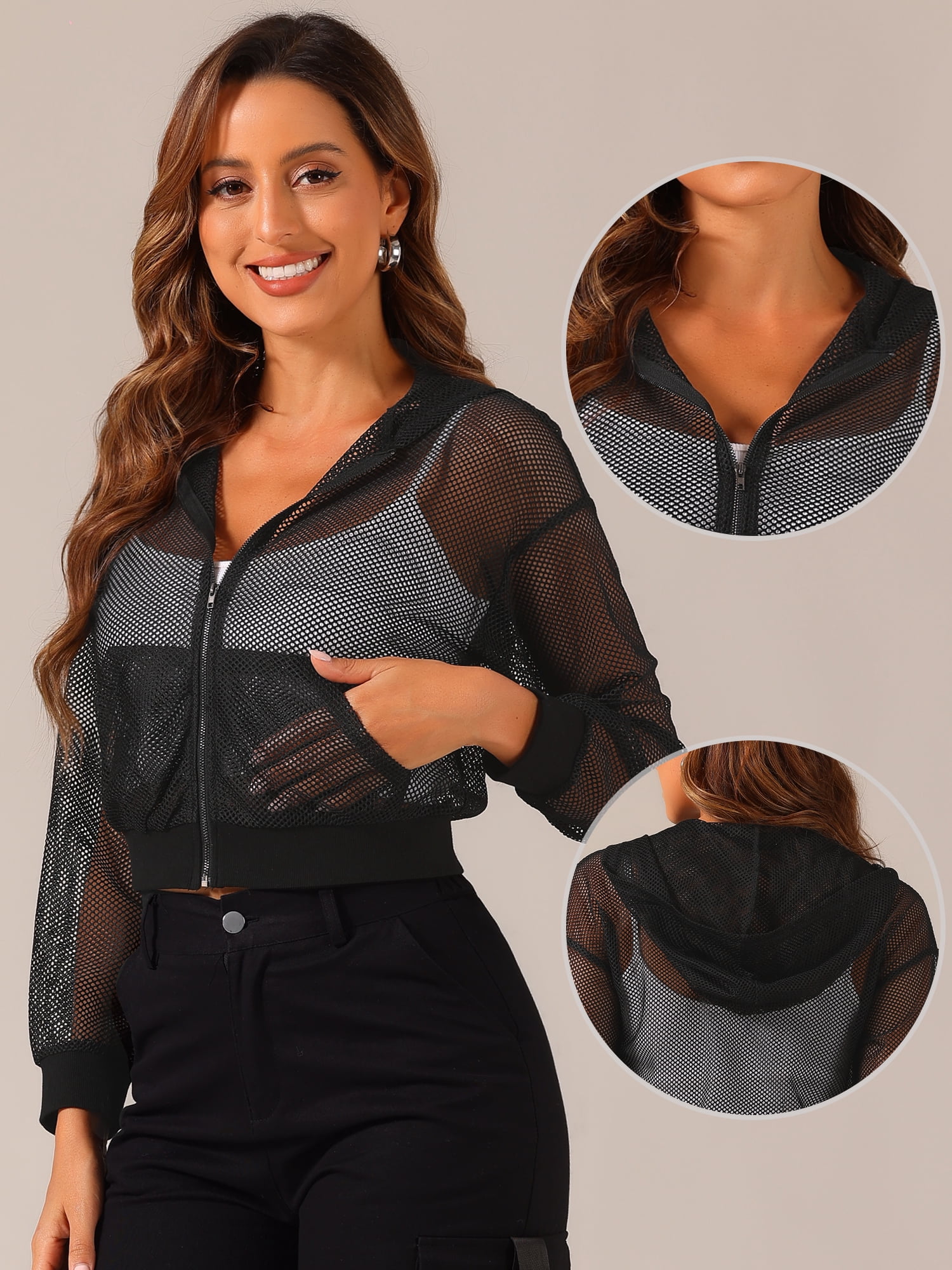DARING DIVA Women's Stylish Zip Up Cropped Mesh Hoodie Jacket for Wear and Workouts XL Black