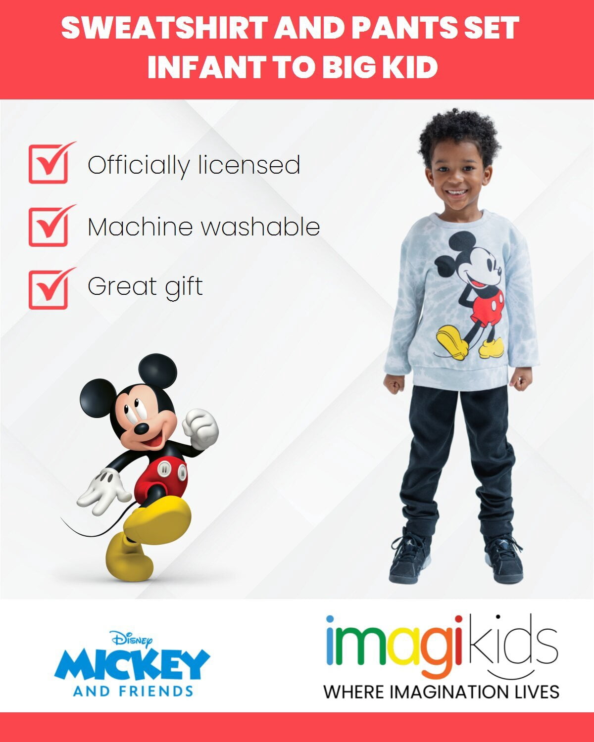 Disney Mickey Mouse Little Boys Fleece Sweatshirt and Pants Set Toddler to Little Kid