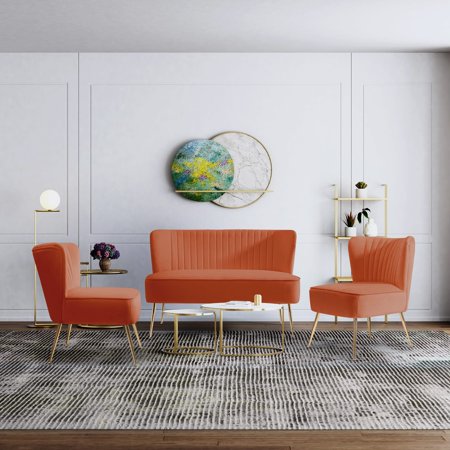 WestinTrends Mid Century Modern Tufted Velvet Loveseat Sofa and 22" Accent Chair 3-Piece Set, Orange
