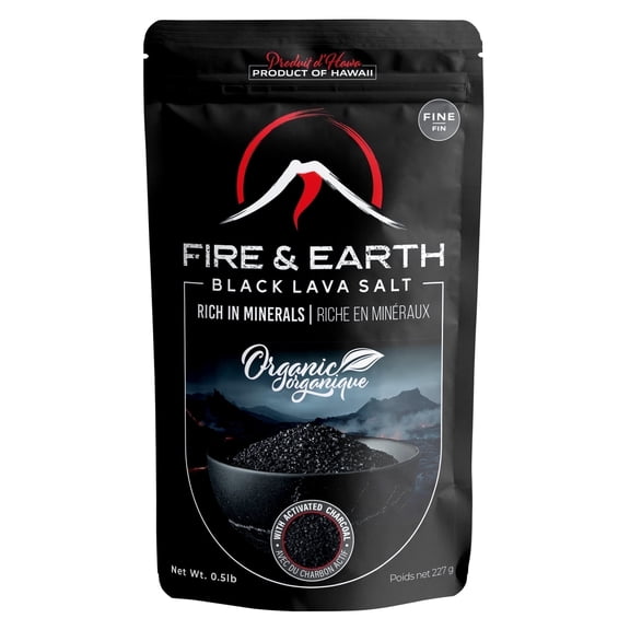 Fire & Earth - Organic Hawaiian Black Lava Sea Salt - Black Salt 0.5lb - Gourmet Finishing for Seasoning - Fine Grain, with Activated Charcoal - for Rimming Cocktails, Cooking and More,pack of 1