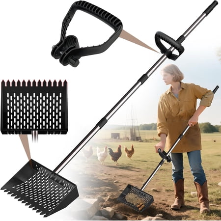 OJLUOJ Metal Chicken Poop Scooper & Rake Scoop 10" Metal Chicken Coop Rake with Assistanted Handle Grip Heavy Duty Scoop Tool Adjustable Long Handle (36 to 62") for Coops Farm Animals