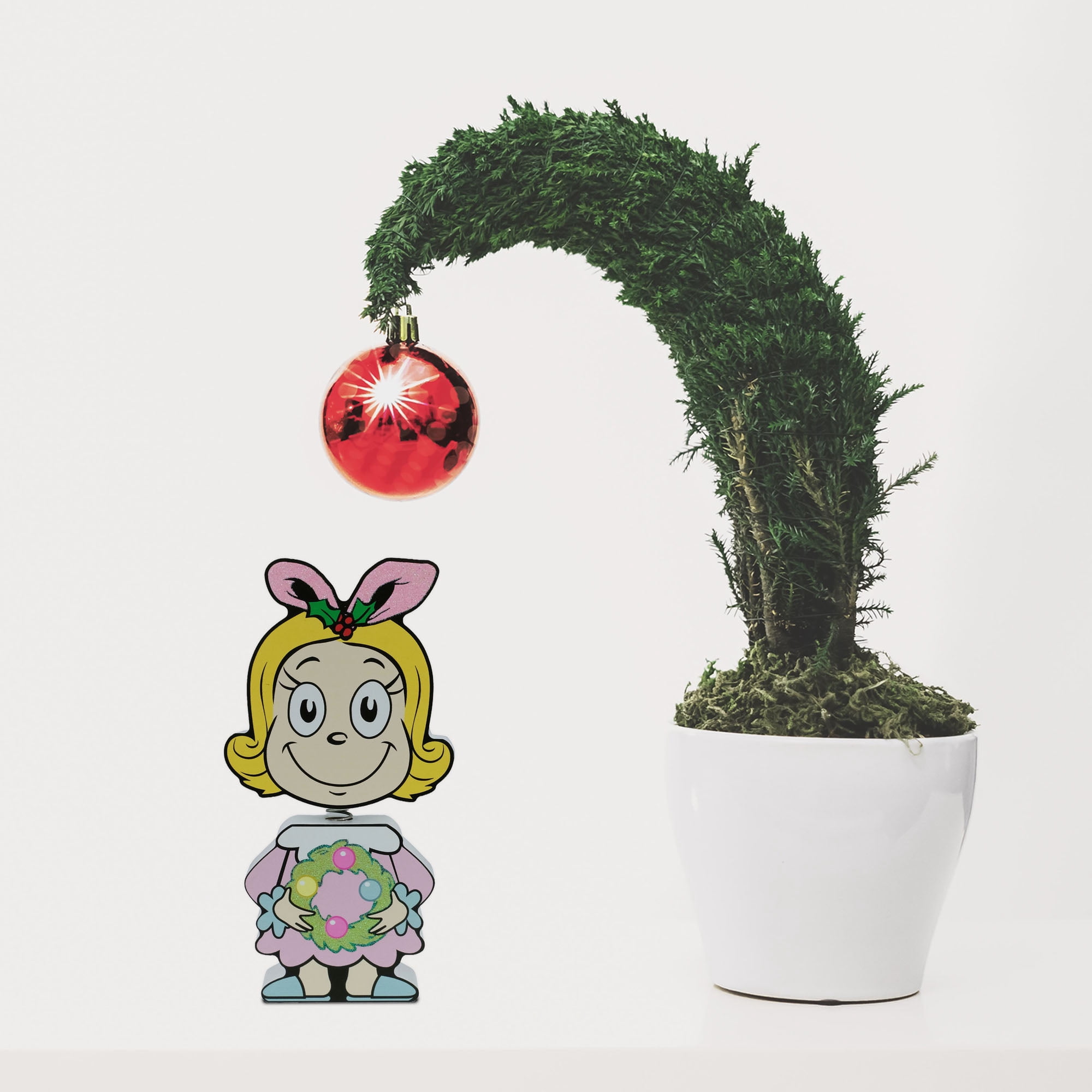 Dr. Seuss Cindy‑Lou Who Wooden Bobble Head – Pink Christmas Figurine with Wreath