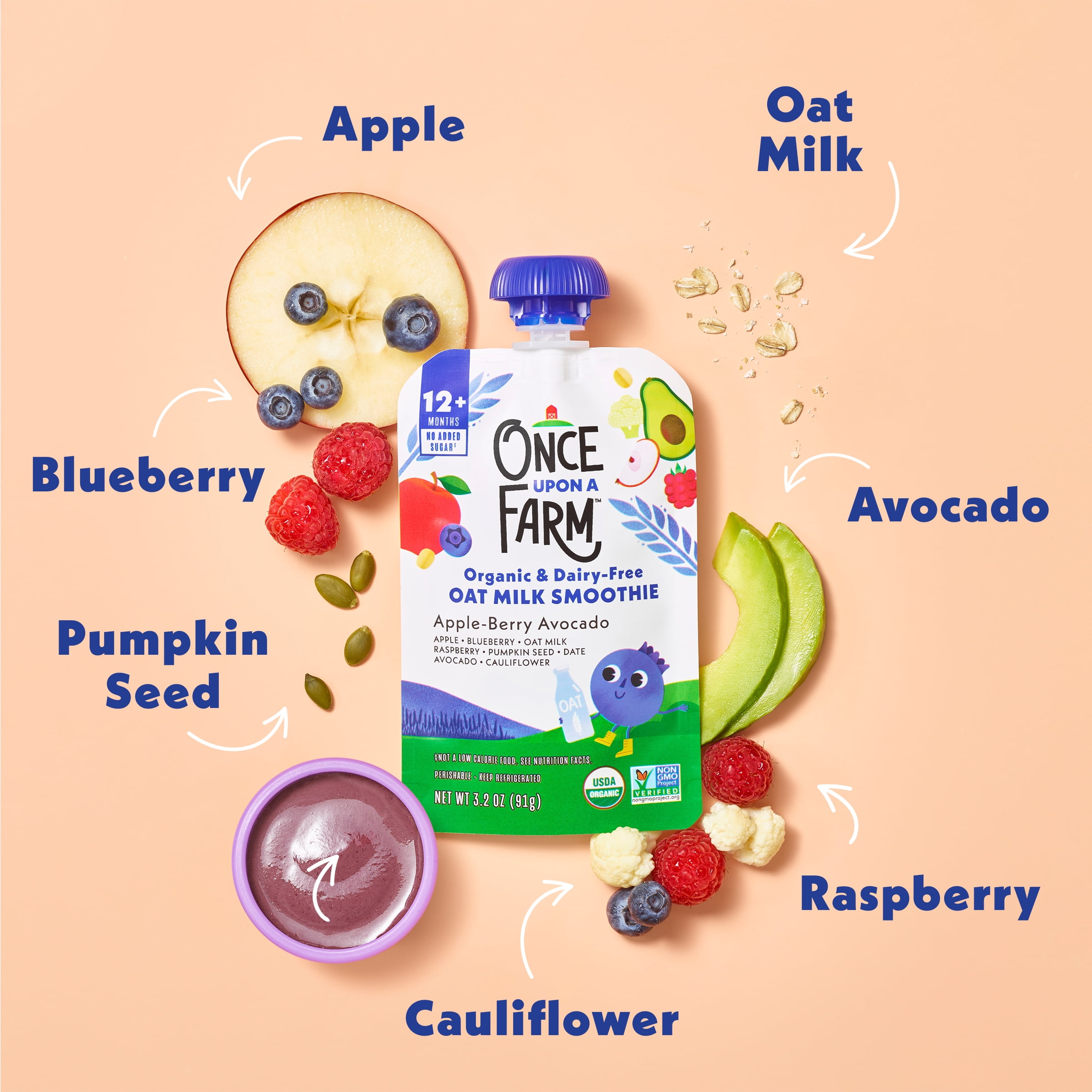 Once Upon a Farm Organic Refrigerated Kids' Snack Apple-Berry Avocado Dairy-Free Smoothie, 3.2oz Pouch