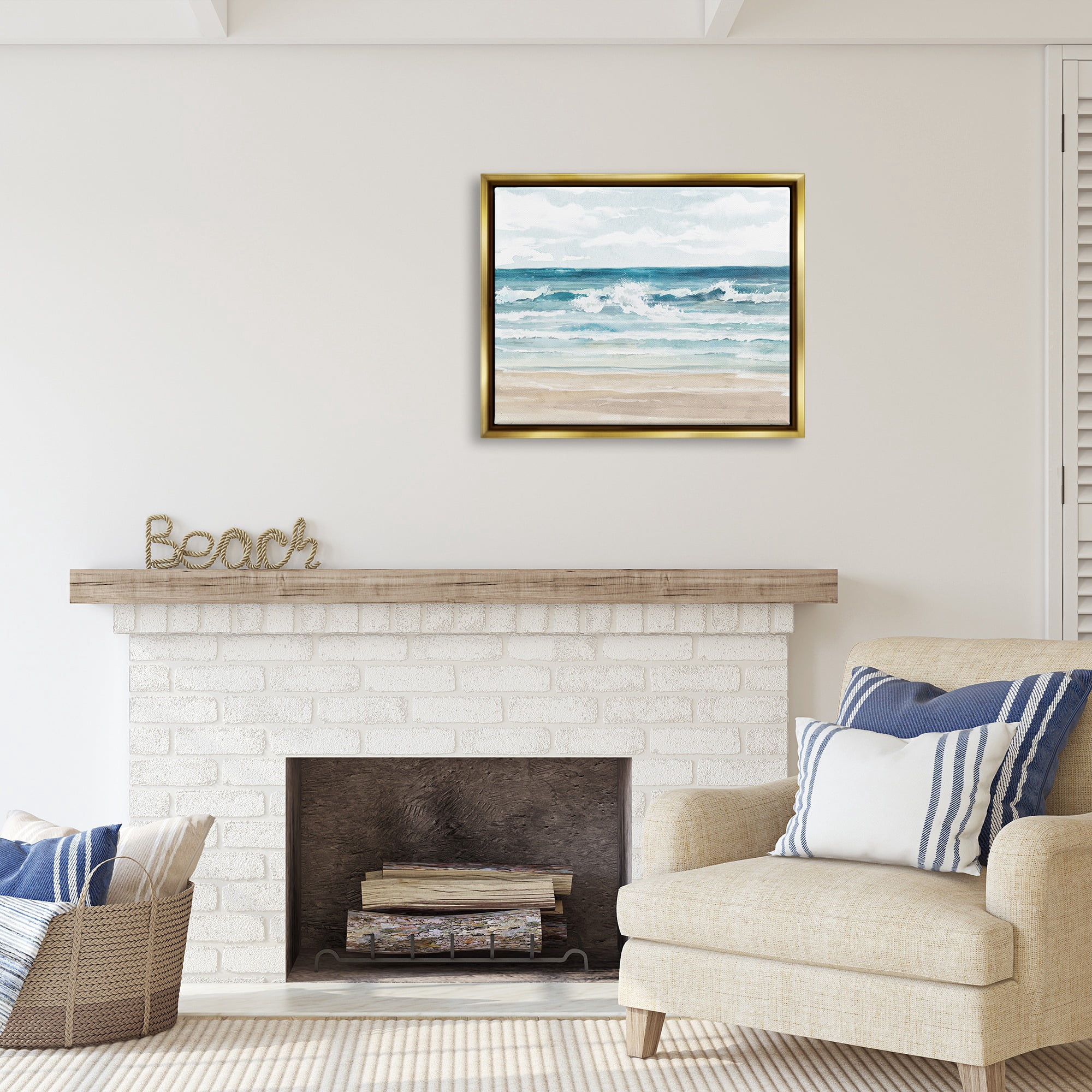 Stupell Industries On The Shore Beach Waves Landscape Painting Gold Floater Framed Canvas Art Print Wall Art, 31 x 25