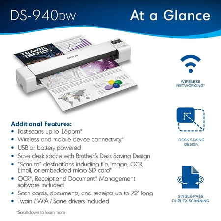 Brother - DS-940DW Compact Wireless Duplex Mobile Document Scanner - White