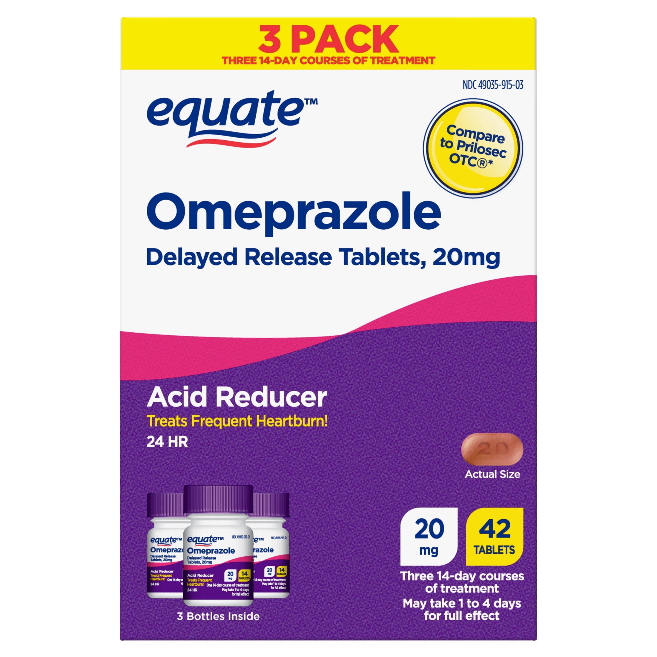 Equate Omeprazole 20mg Tablets Delayed Release, Acid Reducer for Frequent Heartburn, 42 Count, Compare to Prilosec OTC