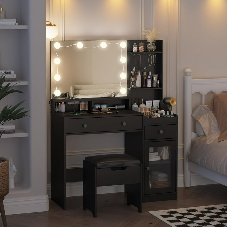 Veanerwood Large Makeup Vanity Set with Lights, White Bedroom