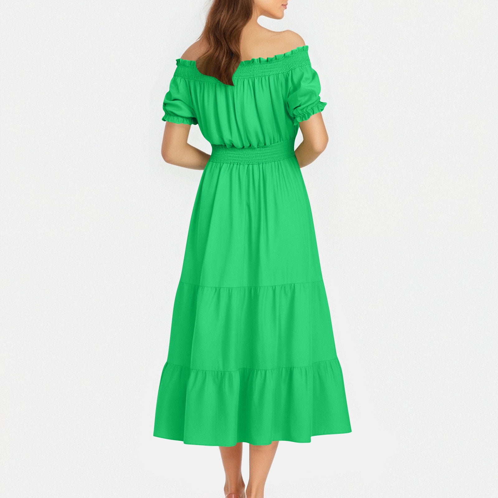 gljltg Ladies Elegant Summer One-shoulder Solid Color Short-sleeved Elastic Waist Women's Dress with Print, Stylish Fashionable for Women, Ladies, Suitable for Casual, Party, Daily, Beach