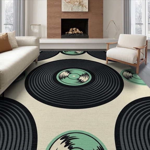 ODIKA 8'x10' Washable Area Rug Record Retro Vintage Music Spinning Grooves Concentric Disc Vinyl Cd Playful for King Size Bedroom Under Bed, Master Suite, Non-Shedding, Easy Care