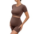 thumbnail image 2 of Tqyyweavej Maternity 2 Piece Outfit Quick Dry Short Sleeve Crewneck Yoga Tops and Over The Belly Solid Color Ribbed Workout Shorts, 2 of 7