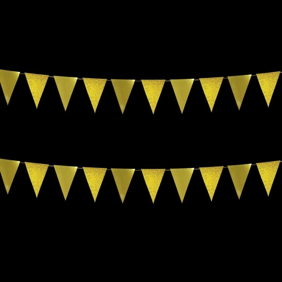 23Ft 2Pcs Gold Metallic Glitter Paper Triangle Banner Flag Garland Pennant Bunting for Graduations Birthday Wedding Bridal Shower Bachelorette Engagement Anniversary Party Decorations Supplies