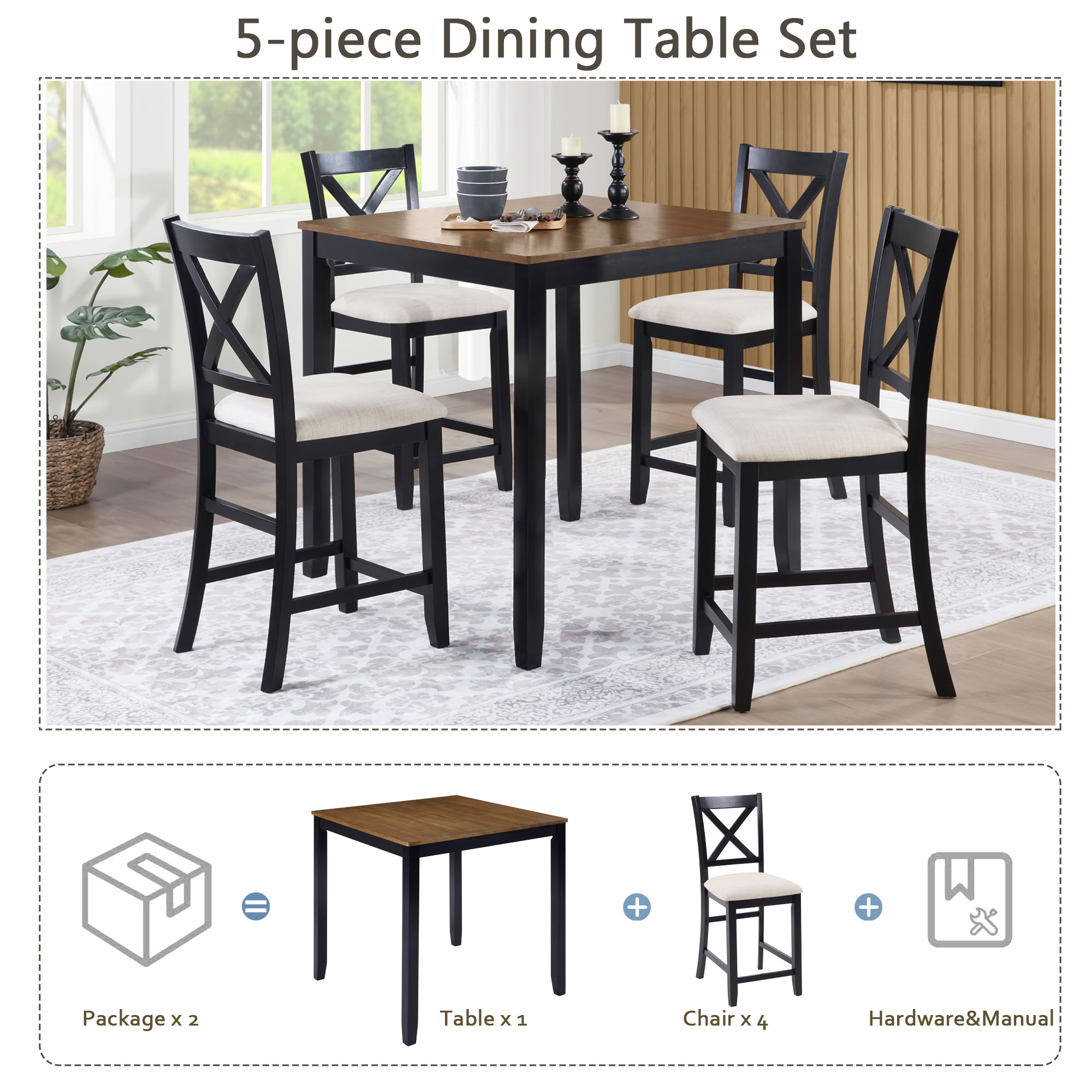 MAYEERTY 5-Piece Counter Height Dining Table Set with 4 Chairs, Farmhouse 4-Person Wooden Set for Small Kitchen Dining Room
