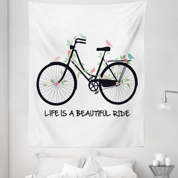 Saying Tapestry, Vintage Bicycle with Birds Flowers on Green Leafy Branches with a Text, Fabric Wall Hanging Decor for Bedroom Living Room Dorm, 5 Sizes, Multicolor, by Ambesonne