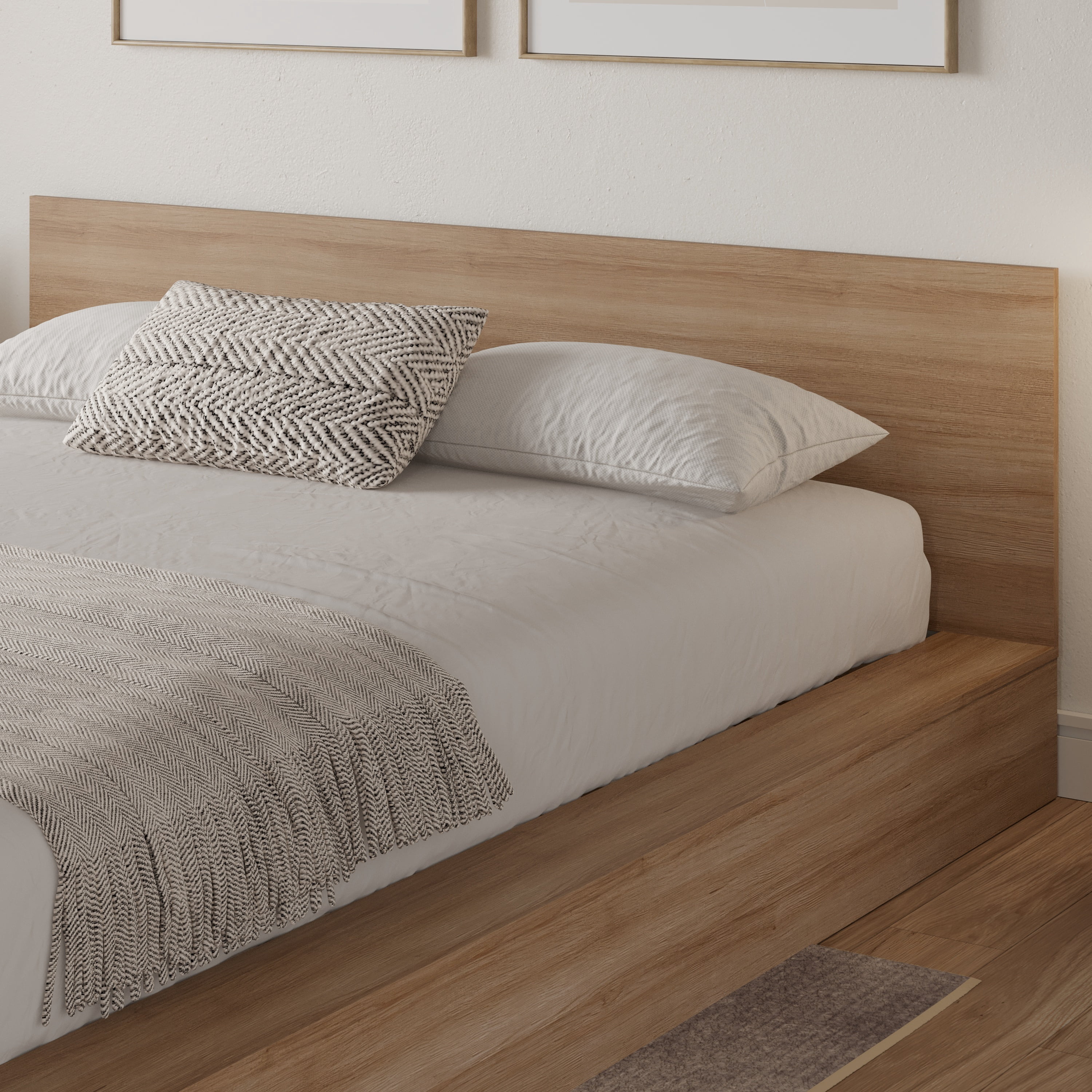 Nexera Kanso Queen Low Profile Wood Platform Bed with Headboard, Brown Oak