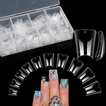 500PCS Duck Nail Tips, Clear Crystal Duck Feet Fan Flare Tips for Acrylic Nails Professional, Half Cover Wide Short French False Nail Extension Tips, Soft Gel Nail Tips for Nail Art 10 Sizes