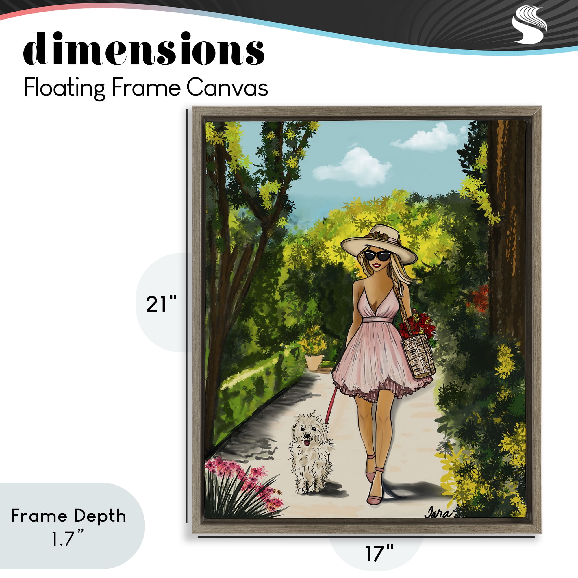 Stupell Industries Garden Girl Strolling with Pup Brown Framed Floater Canvas Wall Art, design by Tara Boone