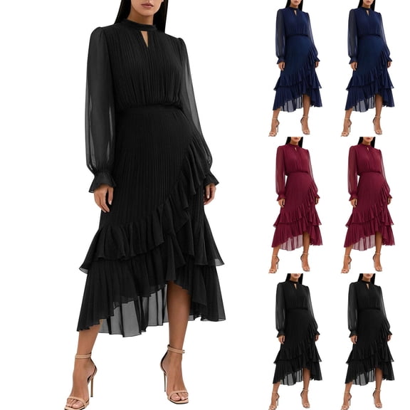 FRSASU Womens Mock Neck Maxi Dresses Wedding Guest Casual Pleated Long Sleeve Semi-formal Irregular Ruffle Hem Long Dress Red