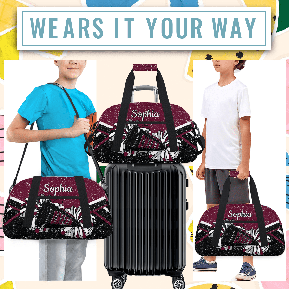 Jiaoprinted Personalized Cheer Bag for Women, Custom Sport Duffel Bag with Name, Customized Gym Bag, Weekender Overnight Bag, Cheerleading Gifts, Black Maroon Glitter