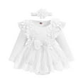 thumbnail image 1 of Rhoudy Mignon Cache-Couche pour Filles Col Rond Manches Longues Barboteuse Florale Nouveau-Né Grenouillère en Dentelle Robe Bandeaux Ensemble Blanc 9-12 Mois, 1 of 7