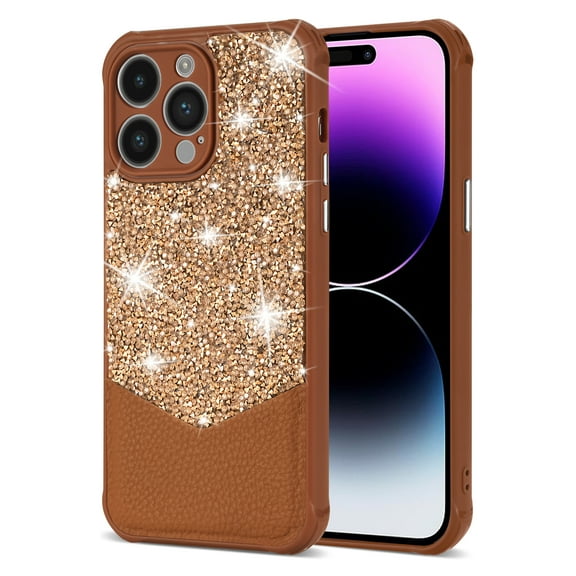 Glitter Phone Case for Apple iPhone 14 Pro Max 6.7", Bling Sparkle Design Hybrid Shockproof Protective Anti-Scratch Back Cover for iPhone 14 Pro Max - Brown