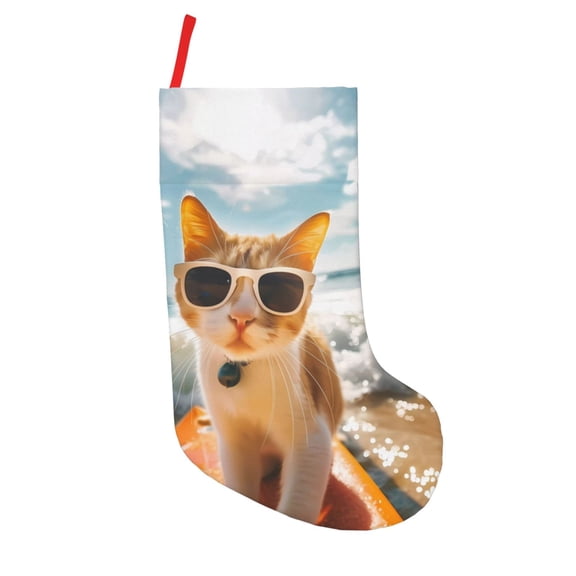 Vsdgher Surfing Cat Sun Christmas Stockings 18 inch Large Kids Stocking Bags Hanging Socks for Christmas Decor Decorations