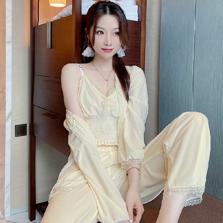 

DanceeMangoo 3 Piece Set Autumn Winter Thicken Warm Pajamas Set Lace Gold Velvet Women SleepSet Deep Robe Sexy Homewear Women Pajama Trousers
