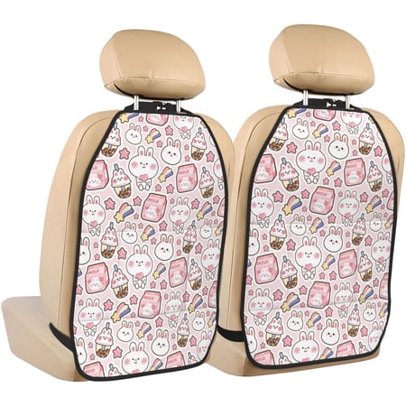Fuzoiu Cute Rabbit Print 2 Pack Kick Mat Back Seat Protector With 3 Storage Pockets, Universal Car Seat Back Organizer For Kids Pets, Waterproof Backseat Protector For Most Car