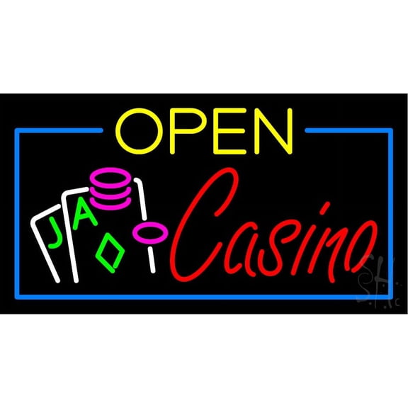 Open Casino with Cards LED Neon Sign 20 x 37 - inches, Black Square Cut Acrylic Backing, with Dimmer - Bright and Premium built indoor LED Neon Sign for wall décor, arcarde, and storefront.