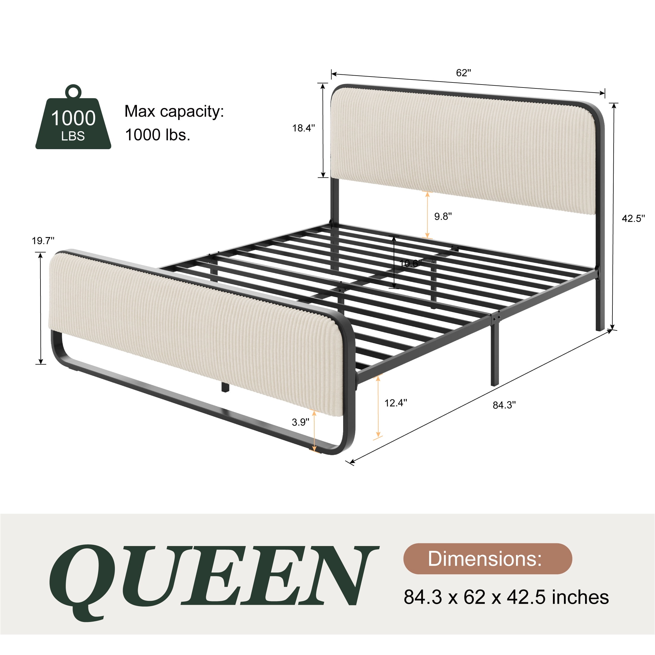 Einfach Queen Bed Frame, Upholstered Platform Bed with Velvet Curved Headboard and Footboard, No Box Spring Needed, 1000 LBS Capacity, Cream White