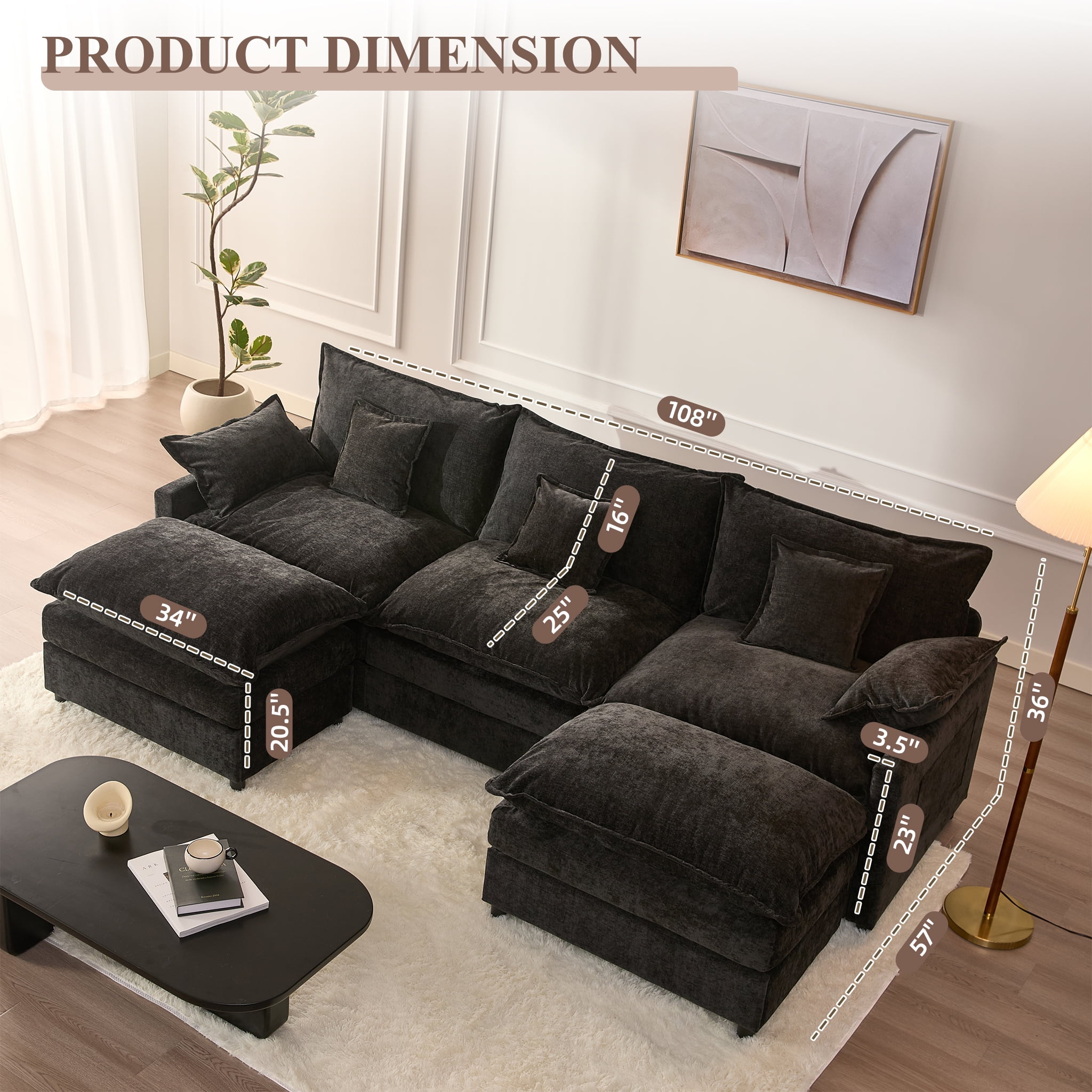 LAKPS 3-Seat Sectional Sofa Couch, Cloud-Style Deep Seating Sleeper Sofa with Included Throw Pillows, Chenille Fabric Upholstery, Modern Living Room Sofa, Black