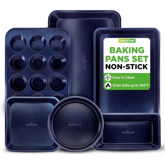 6-Piece Nonstick Baking Pans - Carbon Steel Non toxic Bakeware set with Cookie Sheets, Muffin, Loaf, Round & Square Pan - Restaurant Quality Baking Tray, Easy Clean, Dishwasher & Oven Safe