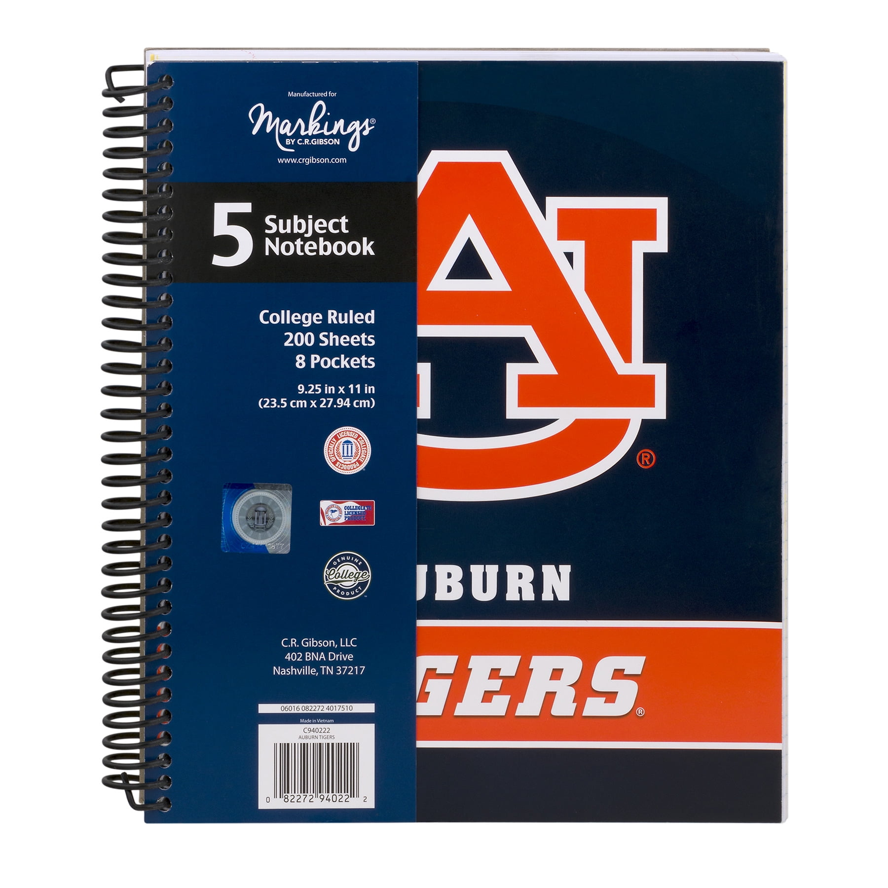 C.R Liscensed By NCAA Auburn Tigers Measures 9.25 x 11 College Ruled Gibson 5-Subject Spiral Notebook 