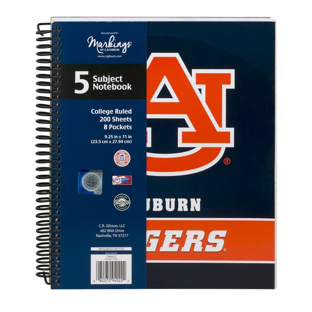 Markings NCAA 5 Subject College Ruled Notebook Auburn Tigers, 1.0 CT