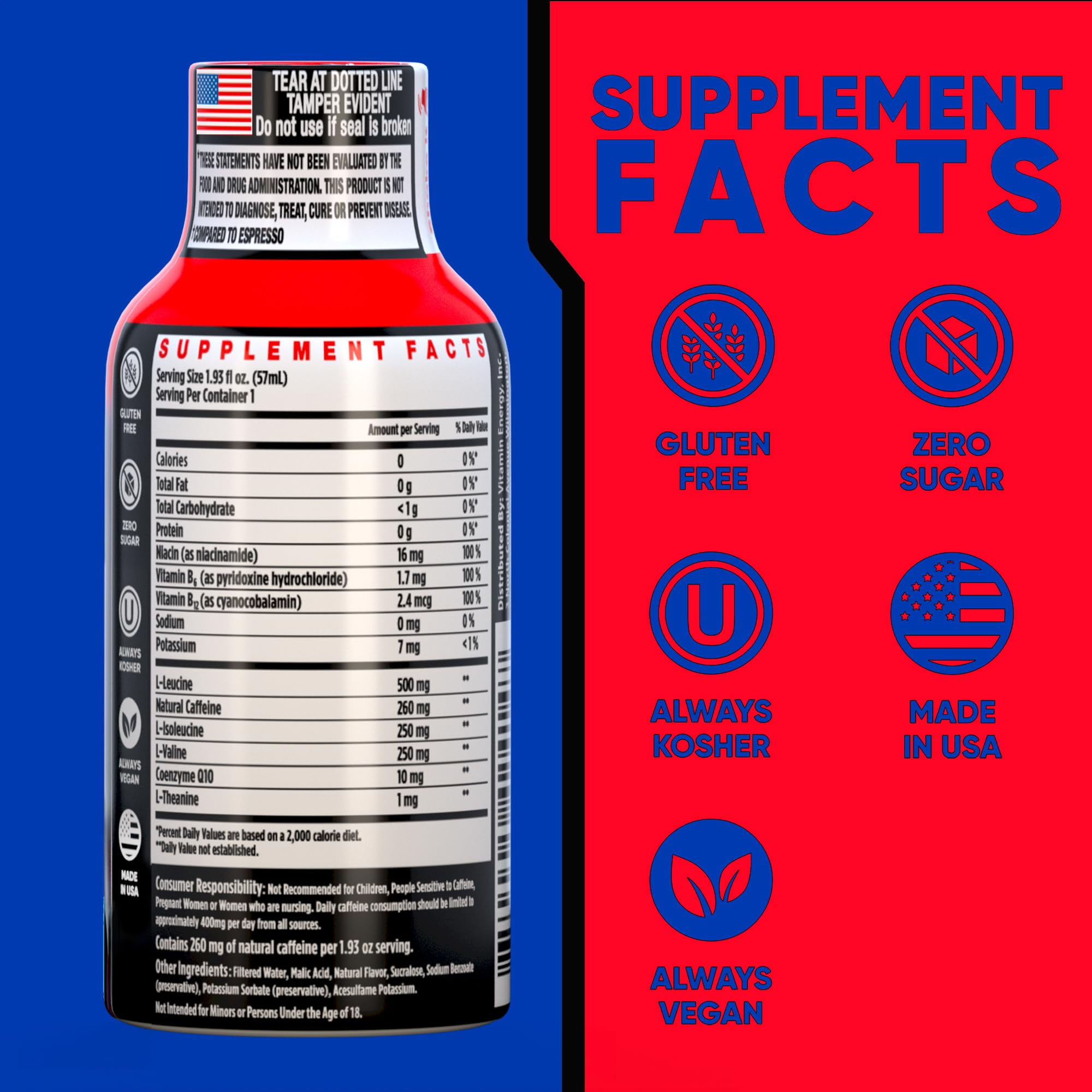 Vitamin Energy Focus+ Extra Strength Shot, Tropical Infusion, 12 Pack – 260mg Natural Caffeine, CoQ10 & B-Vitamins, Zero Sugar, 1.93 fl oz