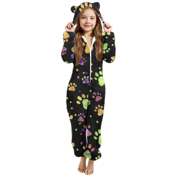 Favoffer Big Girls Hooded Jumpsuit Winter Solid Color Graphic Bear Print Drawstring Elastic Waist Plush Loungewear Indoor Sleep Warm Leisure 5-15Y