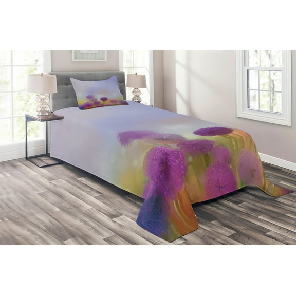 Ambesonne Floral Quilted Coverlet 2 Pcs, Onion Flowers Pastel, Twin Size, Purple Blue