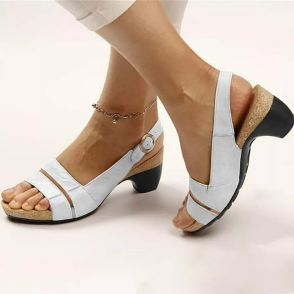 JeashCHAT Summer Sandals for Women Chunky Low Heels Open Toe Ankle Strap Sandals Ladies Shoes Fish Mouth Medium Thick Heel Metal Buckle Women's Sandals for Outdoor (White)