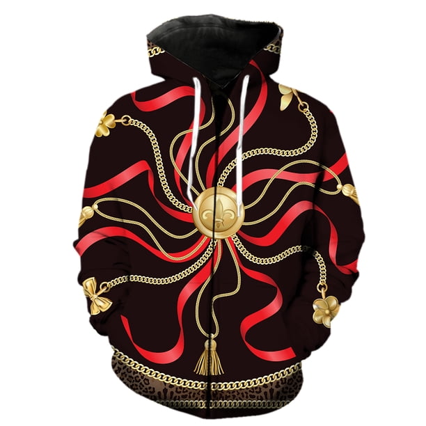 Sudadera con capucha y cremallera de lujo con cadena dorada para hombre, estilo hip hop, informal, gran oferta 2024, con estampado 3D, divertida, de primavera, de manga larga, estilo Harajuku unisex d