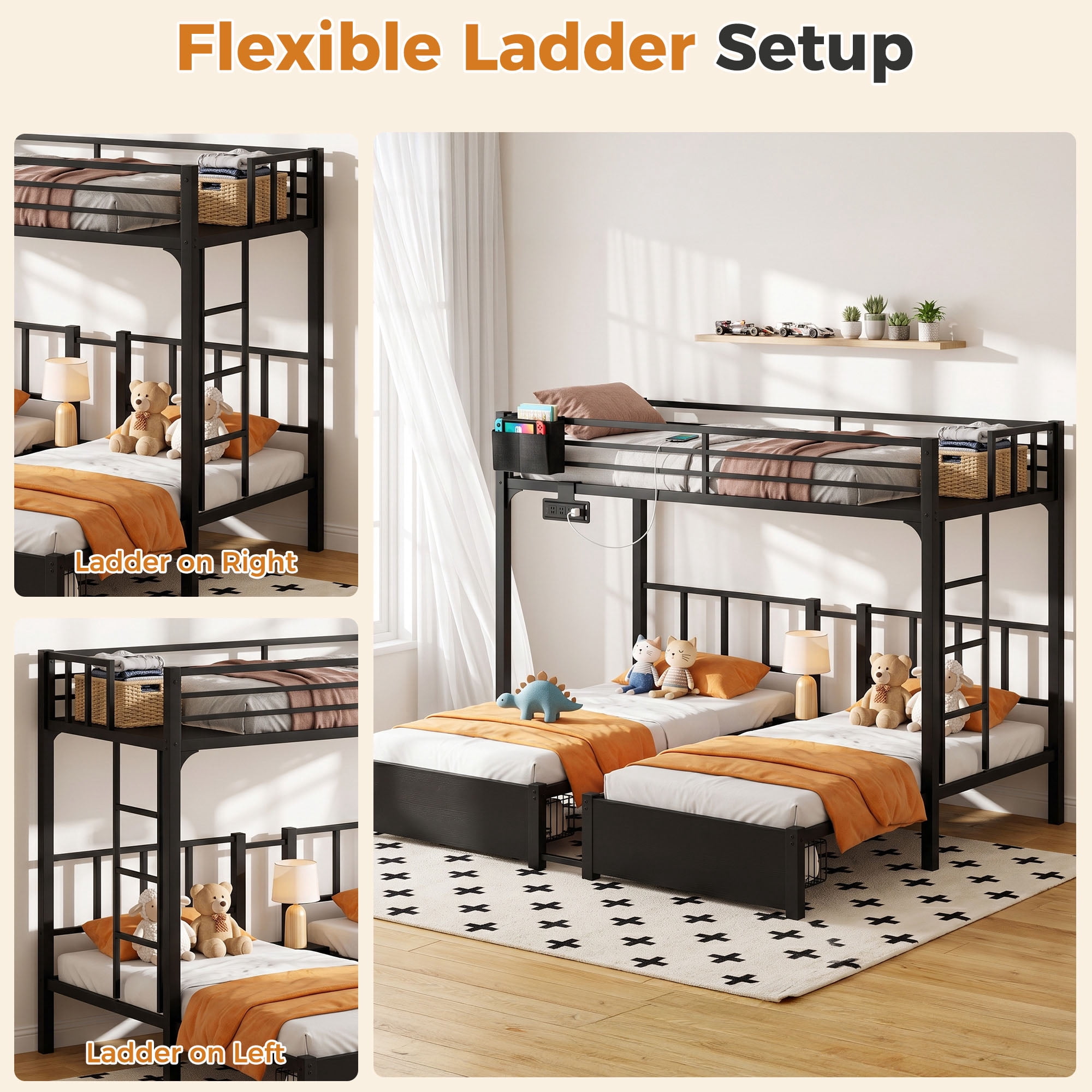Miniyam Triple Bunk Bed with 2 Storage Drawers, Twin Over Twin Over Twin XL, LED Light and Power Strip, Black