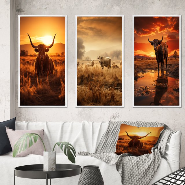 Designart "Cattle Silhouette Charm II" Animals Framed Wall Art Set Of 3 - Orange Cattle Frame Gallery Wall Set For Home Decor