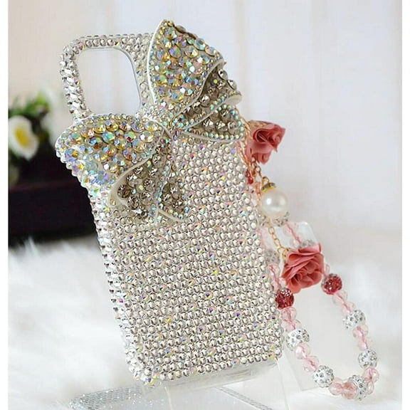 Cute Bow Case for Samsung Galaxy S9,Bling Glitter Diamond Crystal Rhinestone Women Girls Kids Shiny Sparkle with Flowers Lanyard Clear Protective Phone Case,Silver Bow
