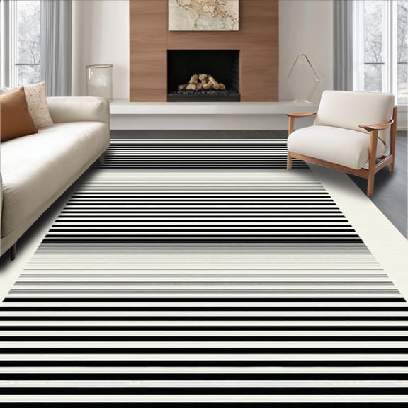 ODIKA 4'x6' Machine Washable Non-Slip Area Rug, Chic Minimalist with Elegant Cream and Black for High Traffic Rug, Black, 87507
