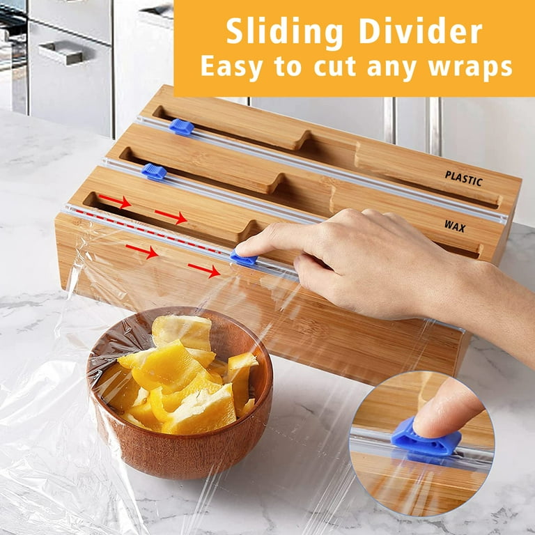 Plastic Wrap Dispenser with Cutter, 3 in 1 Bamboo Plastic Wrap