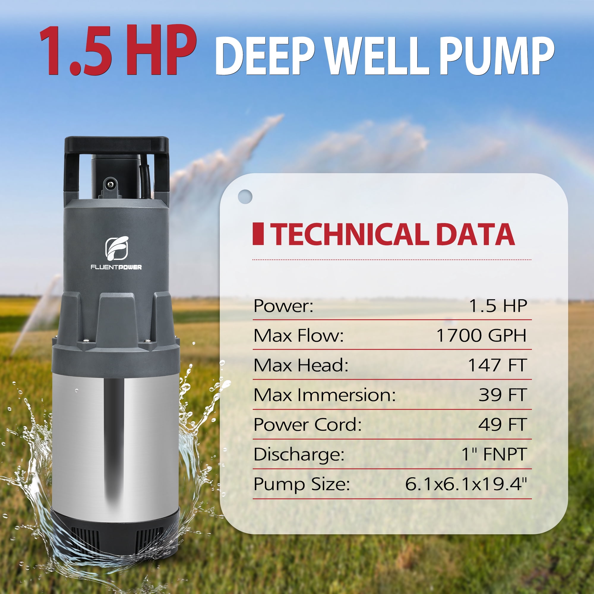 FLUENTPOWER Deep Well Submersible Water Pump, 1.5HP 1700GPH, 147' Head, Automatic On/Off Water Pump with 49ft Cord, Stainless Steel, for Garden Home Watering and Farmland Irrigation