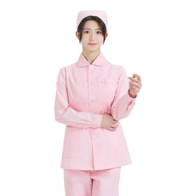 AWZXDE Women's Solid Nurse Jacket With Pockets Buttons Notched Lapel Simple Casual Long Sleeve Uniform For Medical Work Comfortable And Professional Pink,L