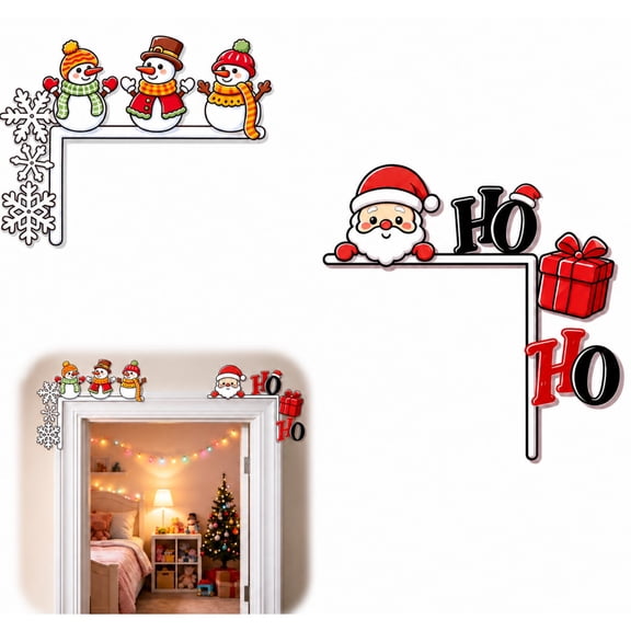 AQQNNA 2 Pcs Wooden Christmas Door Corner Frame Decoration, Christmas Door Topper & Wall Decor, Santa Snowman Snowflake Christmas Door Decorations for Staircase Tabletop Gift