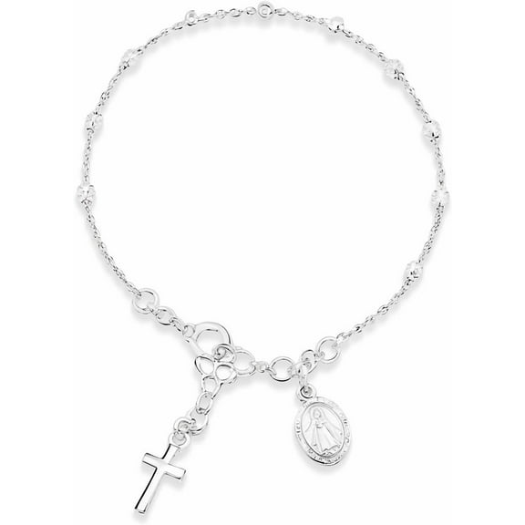 925 Sterling Silver Italian Rosary Cross Bead Charm Link Chain Bracelet for Women, Adjustable and Elegant Jewelry