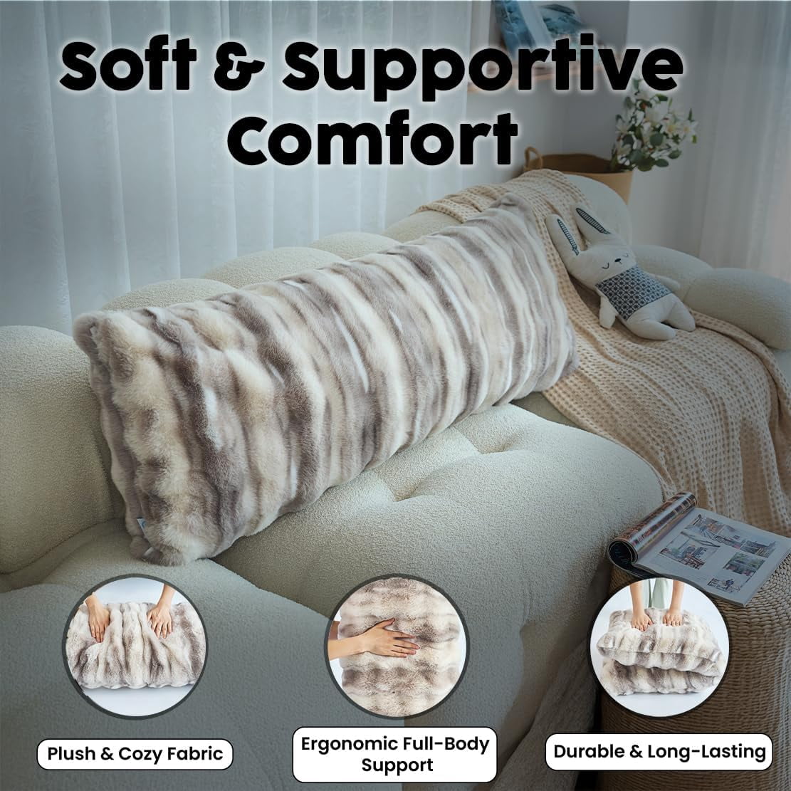 Winter Fluffy Full Body Pillow – Memory Foam Pregnancy Pillow, Nursing for Side Sleepers, Weighted Adults, Greyish Brown